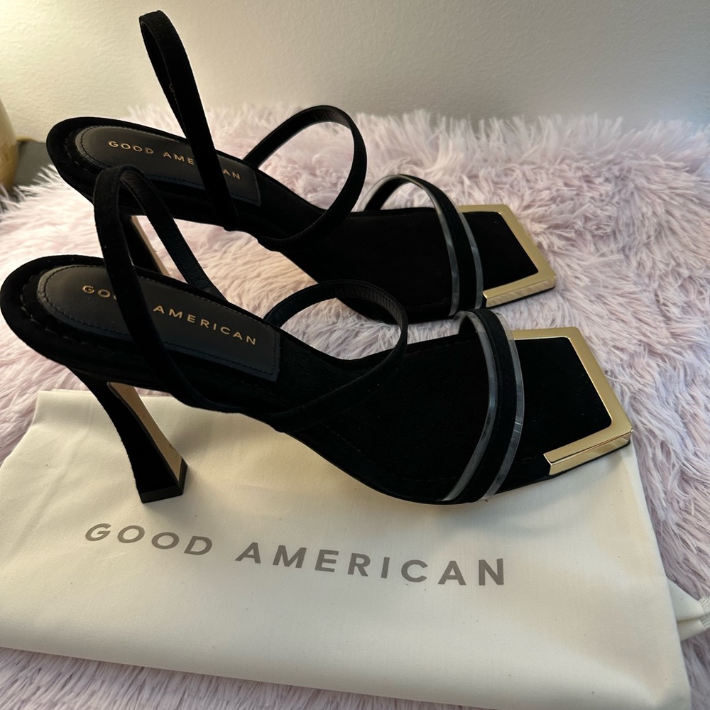 Good American Black Suede stiletto Sandal with Gold tone trim Sz 7.5 - Picture 3 of 6